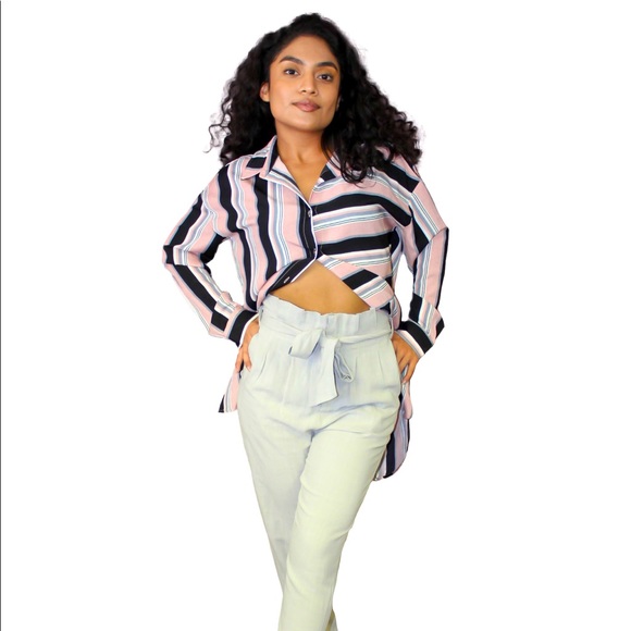 STRIPED BUTTON FRONT OVERSIZED LONG SLEEVE BLOUSE - Picture 2 of 5